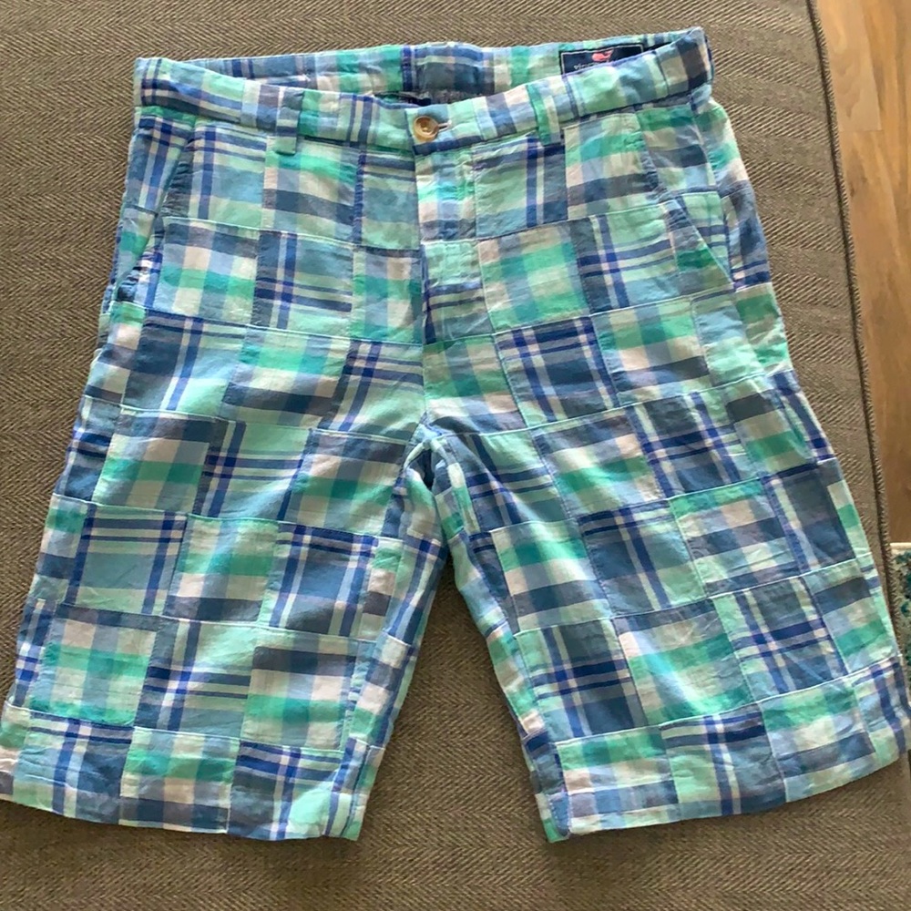 Vineyard Vines Boys Madras Blue & Green Plaid Shorts